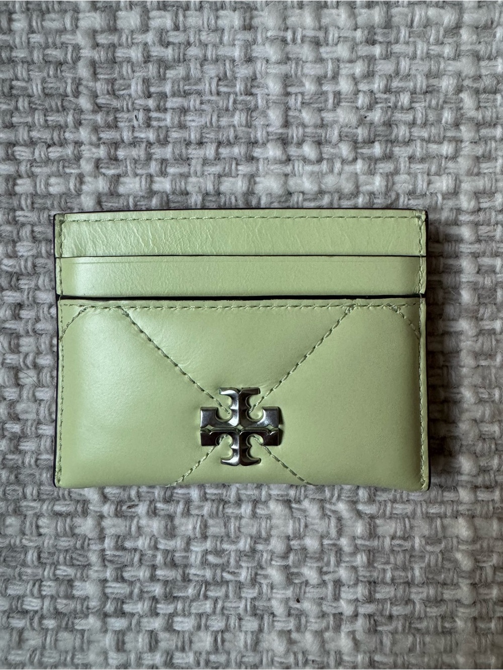 Tory Burch Pear Green Leather Kira Quilted Logo Card Case Mini Wallet NWT